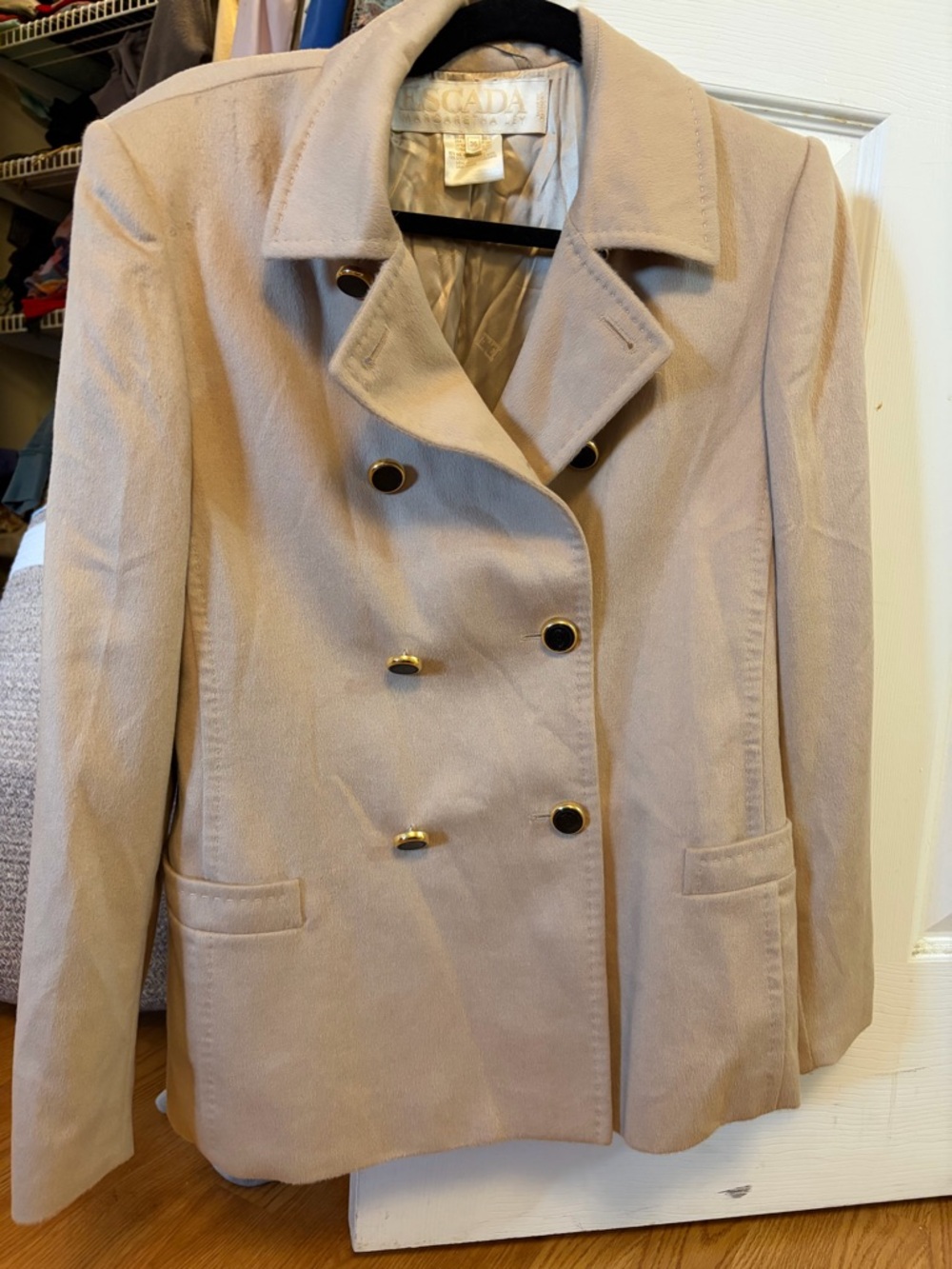 Escada Light Cream Double-Breasted Wool Pea Coat with Gold Buttons